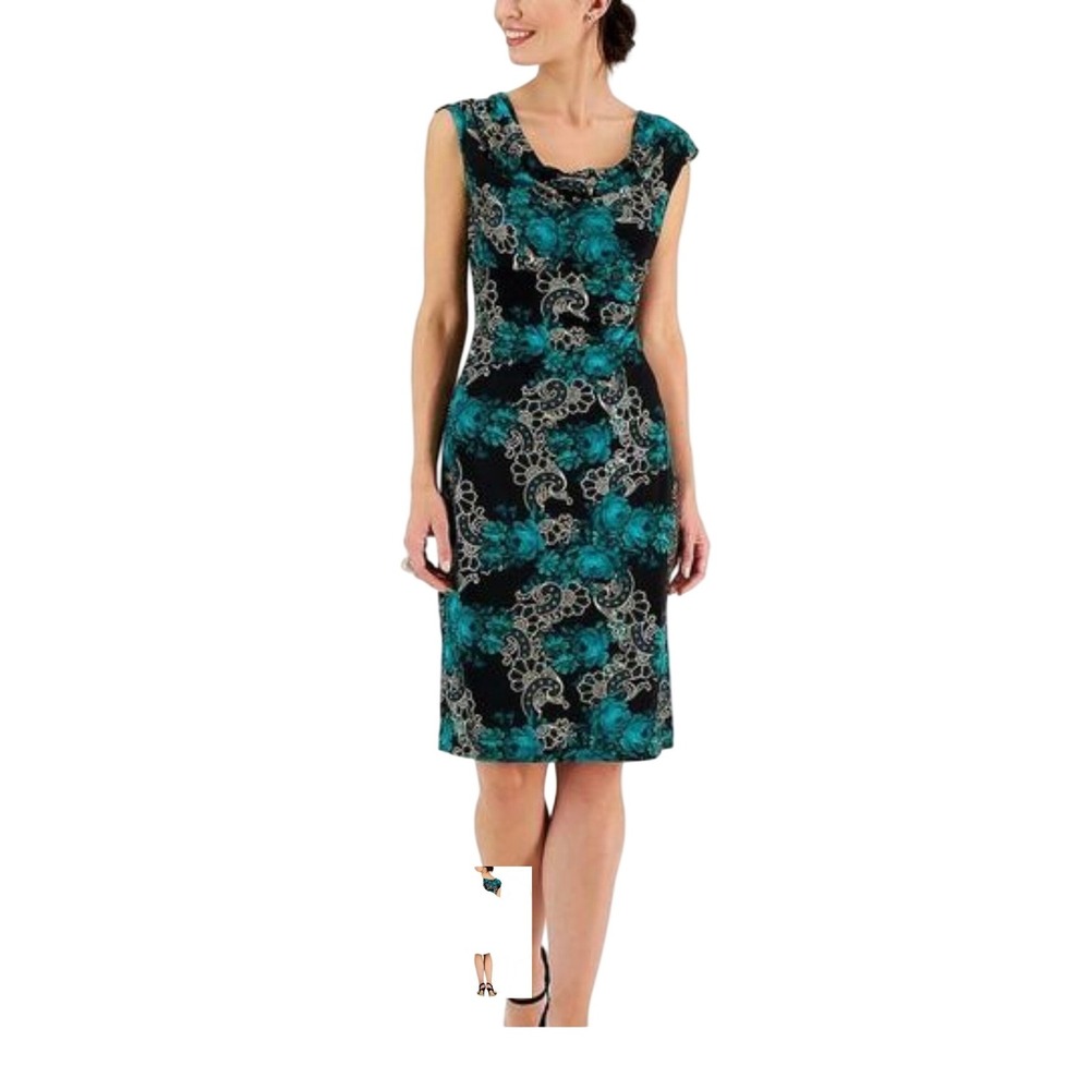 Connected Apparel Teal Black Floral Cowl Neck Ruched Sheath Dress Womens 12 - Picture 12 of 12